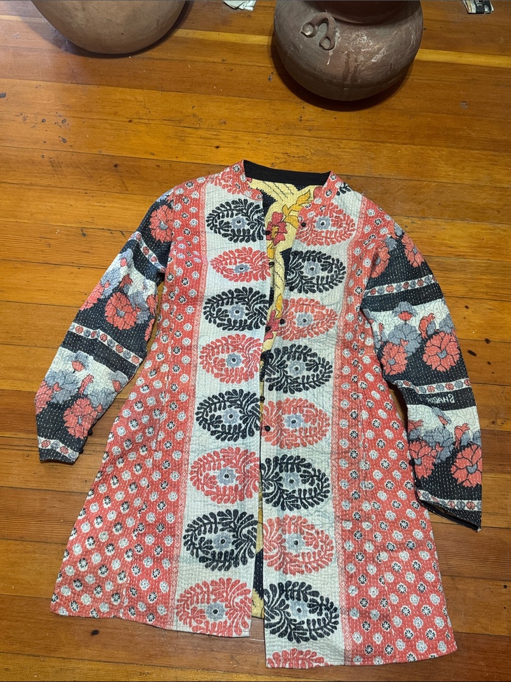 Bohemian Printed Long Jacket in Coral & Black